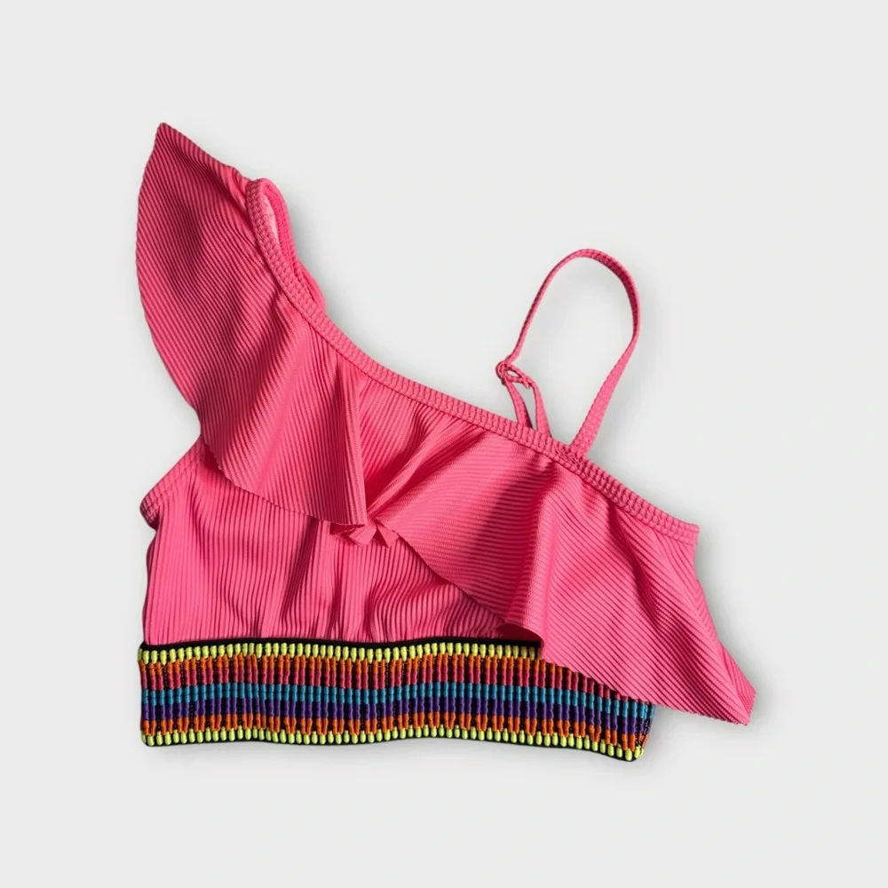 Betsey Johnson 2 Piece Embroidered Pink Ribbed Top & Bottom Swim Set